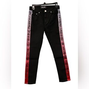 Homme + Femme black Skinny Jeans multi color logo stripes on side‎ leg size 28